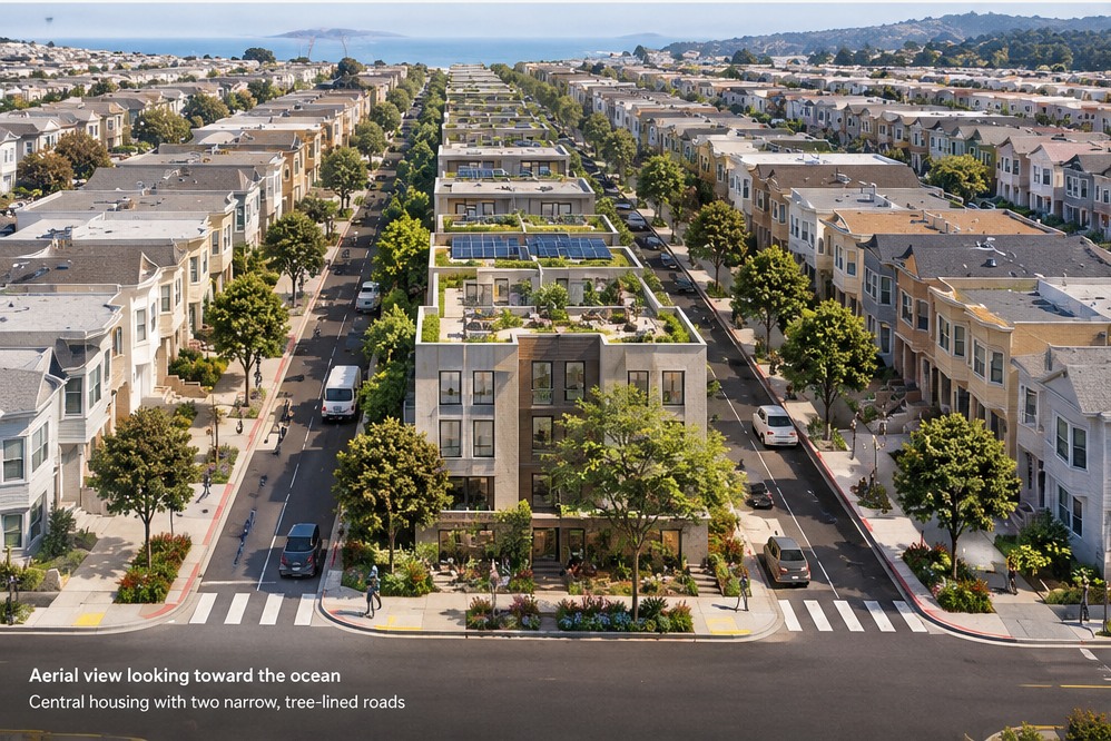 After: aerial concept of central housing and two narrow tree-lined lanes