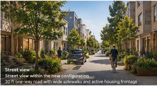 Concept rendering of a walkable narrow street and human-scale homes